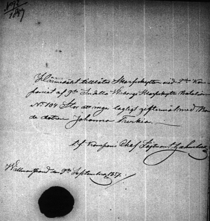 Carlin avioliiton esteettömyystodistus 9. Viipurin tarkk’ampujapataljoonan Luutnatti W. E. Gahmbergiltä.